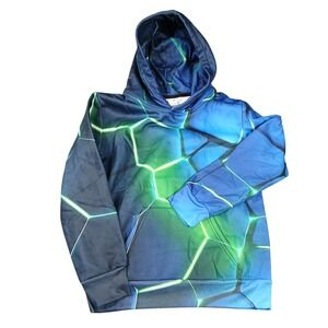 Boy's Size XL Blue Green Soccer Ball Patterned Hooded Pocket Pullover Sweatshirt